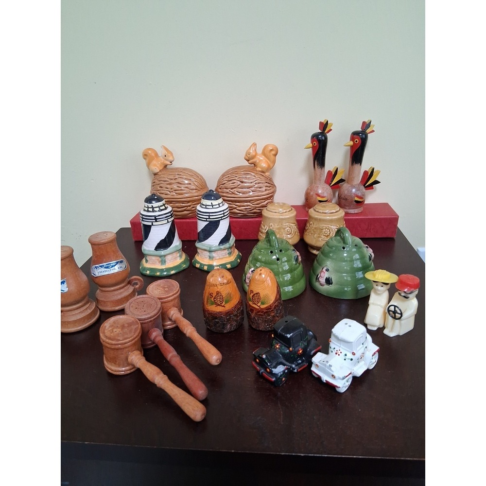 Lot of 9 Sets of Salt and Pepper Shakers.  Metal,plastic,ceramic,wood. Japan.